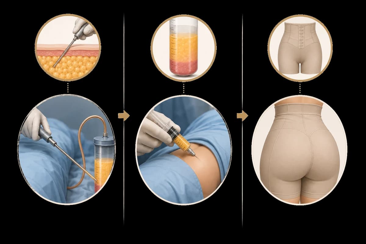 Illustration of the three stages of a Brazilian Butt Lift: fat drawn from the body by liposuction, purified, then transferred, followed by a compression garment