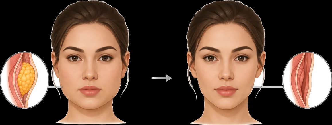 Medical illustration comparing the buccal fat pad before and after reduction